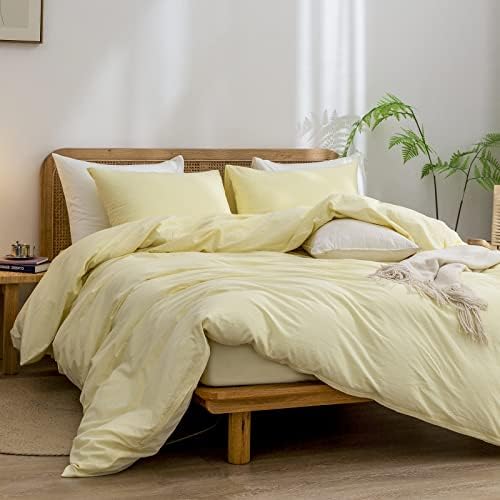 BESTOUCH Cotton Solid Duvet Cover Set Linen Feel Light Yellow King - Image 4