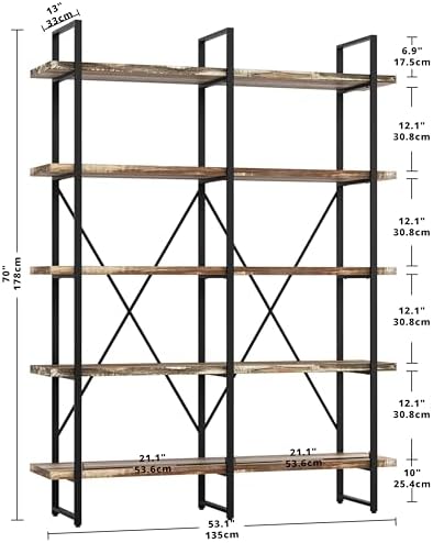 IRONCK Bookshelf, Double Wide 5-Tier Open Bookcase Vintage Industrial Large Shelves, Wood and Metal Etagere Bookshelves, for Home Decor Display, Office Furniture, 13D x 53.1W x 70H in - Image 2