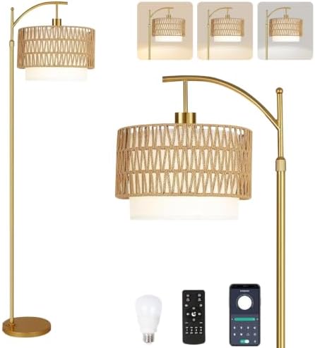 Gold Floor Lamps for Living Room Rattan Boho Floor Lamp with Remote Control & 3 Color Temperature, Dimmable Arc Floor Lamps Wicker Lamp Shades Brass Standing Lamp Tall Floor Lamp For Bedroom Corner by ZECOXOL