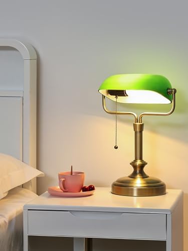Traditional Banker's Desk Lamp with Glass Shade,Pull Chain Switch, LED Bulb Included (Antique Bronze+Green) - Image 2