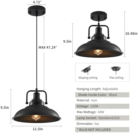 Black Pendant Light 12.5 inches 2 Packs, Farmhouse Pendant Light, Modern Pendant Lights, Kitchen Pendant Lights, Pendant Lights Kitchen Island for Dinning Room Entryway Barn - Image 6