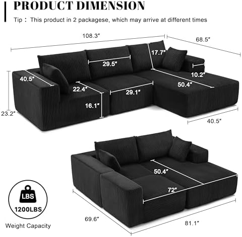 Weture 108" Boneless Couch with Chaise, Modular Sofa with Deep Seat, Black - Image 3