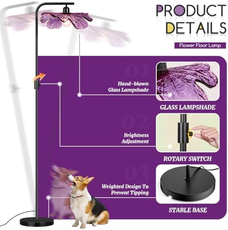 Arc floor lamp mid century modern tall lamp Dimmable floor lamp for Bedroom ,67" Black Standing Lamps vintage floor lamps Purple glass Flower floor light for Living Room corner Study Office Home - Image 6