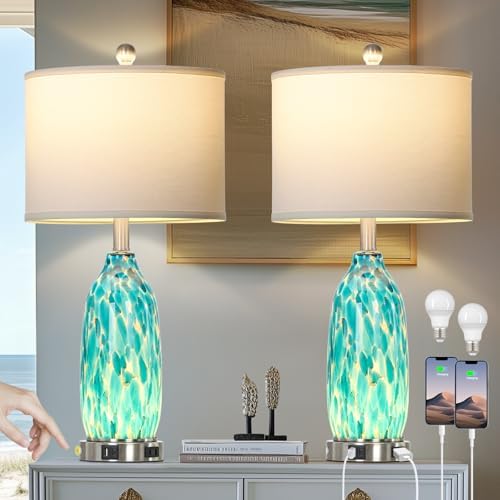 Rinweey 26" Peacock Green Glass Table Lamps Set of 2,Coastal Nautical Bedside Lamps with USB Ports & AC Outlet,Lamparas Elegantes para Cuarto with Night Light for Bedroom Living Room Decoration by Rinweey