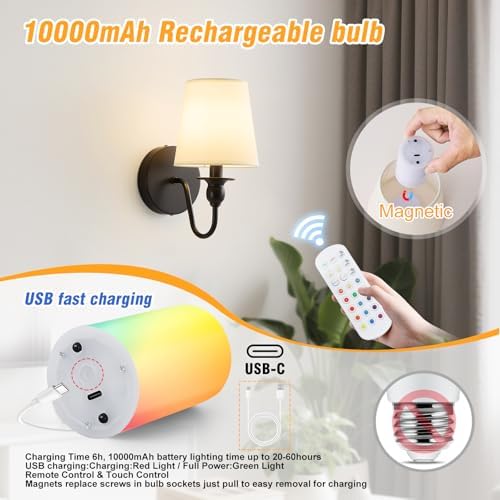 Battery Operated Wall Sconce Set of 2,Rechargeable Wall Sconce with 10000mAh Dimmable Bulb and Remote,LED 15 Colors Black Wireless Battery Powered Wall Lamp with Fabric for Bedroom Living Room - Image 4