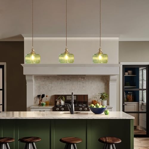 Shenmoyl Pendant Light with Green Striped Glass Lmapshade, Brass Vintage Pendant Light Adjustable Hanging Light for Kitchen Island Dining Room Hallway - Image 5