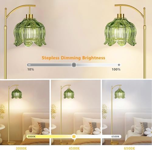QIYIZM Green Floor Lamp for Living Room,Bedroom,Gold Dimmable Standing Lamp with Remote,Mid Century Modern Brass Tall Lamp Boho Floor Lamps Arc Vintage Glass Flower Floor Light Lamp Girls Bohemian - Image 2