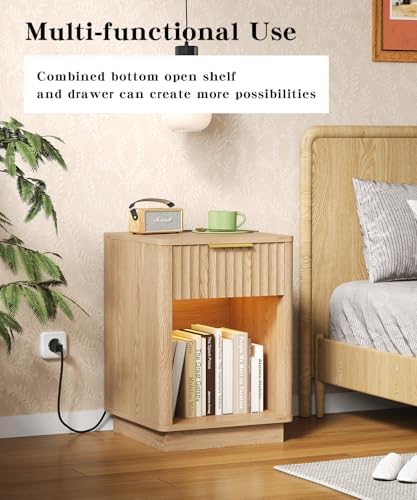 Akxomel Fluted Nightstand Bedside Table with Charging Station Oak - Image 3