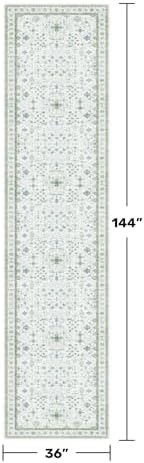 Hazo Haus Oushak 3x12 Wide Hallway Runner Rug - Vintage Turkish Floral, Washable Low Pile Non Slip 12ft Long Runners for Large Kitchen, Hall Way - Light Blue and Green - Image 2
