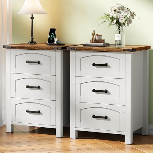Decofy Farmhouse Nightstand Set of 2 with Charging Station, 3 Drawers by Decofy