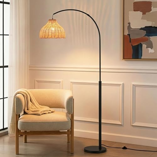 Brightech Lark Standing LED Floor Lamp for Bedroom, Living Room, Office - Modern Tall Corner Arc Lamp with Boho Hanging Rattan Shade - Bright Bedside Reading Light - Black by Brightech