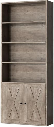 Shintenchi Bookshelf, Industrial Bookshelves and Bookcases with Doors Floor Standing 6 Shelf Display Storage Shelves 70.6 inches Tall Bookcase for Home Office, Living Room (Grey) by Shintenchi%7CFurnitureMadeforRealLife