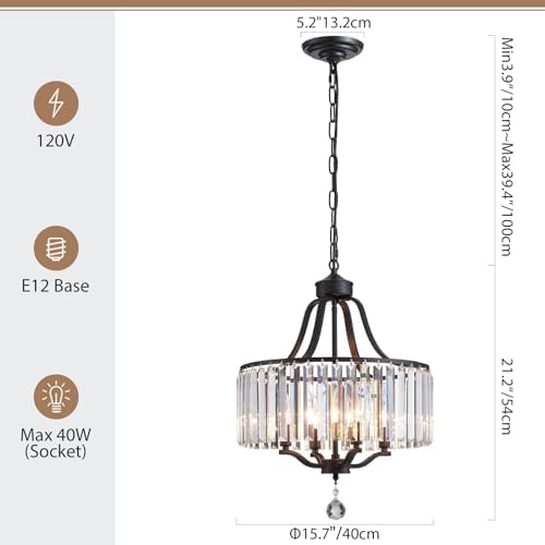 Black Crystal Chandeliers for Dining Room, 4-Light Modern Round Chandeliers 15.7" for Living Room Kitchen Hallway Bedroom Foyer Hall, Adjustable Height Hanging Light Fixture - Image 3