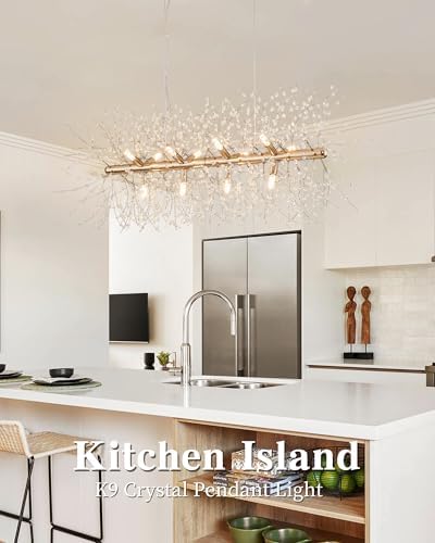 Modern 35.4" Modern Gold Crystal Firework Chandelier, 12-Light Pendant Light Fixture, Rectangle Linear Sputnik Dandelion Chandeliers for Dining Room Kitchen Living Room - Image 4
