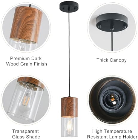 2-Pack Modern Pendant Lights for Kitchen Island, Adjustable Pendant Light Fixtures with Brown Wood Grain, Industrial Clear Glass Pendant Lights for Dining Table Hallway Bedroom Living Room - Image 4