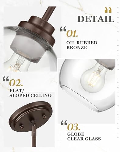 2-Pack Pendant Lights Kitchen Island, 7" Oil Rubbed Bronze Hanging Lights Fixtures with Clear Glass Globe Shade, Modern Kitchen Island Lighting for Bathroom, AD-22280-1P2-ORB - Image 3