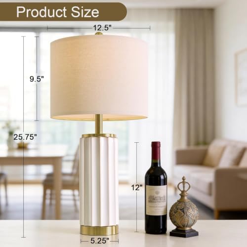 USumkky 25.75" Off-White Ceramic Table Lamp Set of 2, Mid Century Modern Bedside Nightstand Lamps for Bedroom Living Room, Linen Shade & Gold Metal Base, Rotary Switch E26 (Bulbs Excluded) - Image 6