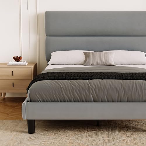 GRUSIGN Full Size Platform Bed Frame with Velvet Headboard, Adjustable Height Wooden Slats Support, Upholstered Mattress Foundation, Fits Mattress or Mattress with Box Spring, Easy Assembly, Grey - Image 6