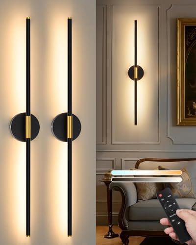 40" Battery Operated Wall Sconce Set of 2, 350° Rotating Lamp, Black Gold by Lumiquesce