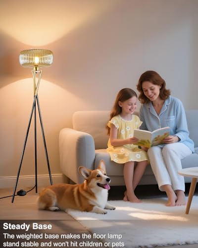 Lightdot Glass Tripod Floor Lamp for Living Room, Modern Gold&Black Standing Lamp with Ribbed Brown Glass Shade, Arc Tall Lamp for Bedroom/Reading Room/Sofa Beside/Corner Decor (Bulb Included) - Image 4