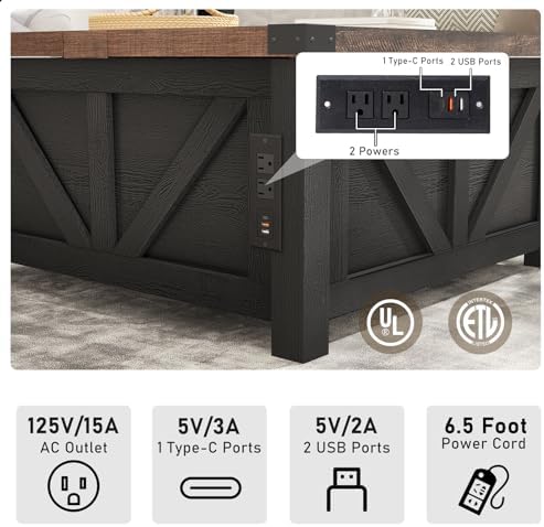 jimeimen Farmhouse Lift Top Coffee Table with Storage, Wood Square Center Table with Charging Station&USB Port, Living Room Table w/Large Hidden Space, for Living Room, Bedroom, Home Office, Black - Image 4
