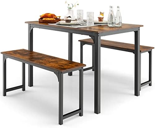 GIANTEX Dining Table Set for 4, Industrial Kitchen Table Set w/ 2 Benches, Space-Saving Dinette Set for Breakfast Nook, Dining Room, Kitchen, Easy Assembly (Mix Brown) by Giantex