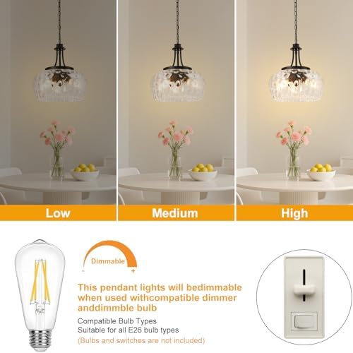 Modern Pendant Lights Kitchen Island, 3-Light Black Pendant Light Fixtures with 14.2" Clear Hammered Glass Shade, Industrial Hanging Pendant Lights Fixture for Kitchen Island, Dining Room, Entryway - Image 6
