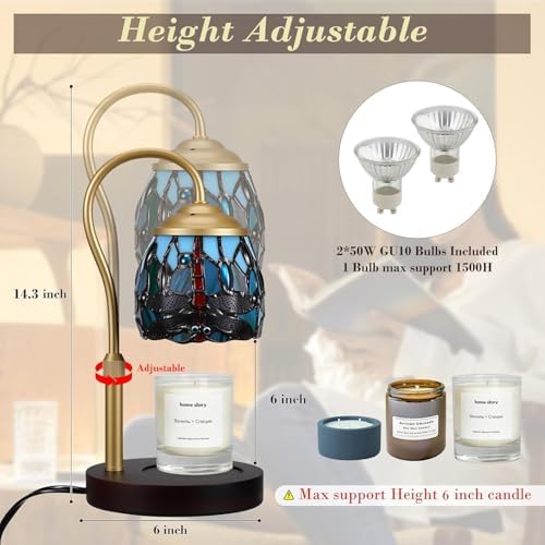 Candle Warmer Lamp Tiffany Style Dragonfly, with Timer Dimmer Adjustable Height, Stained Glass Candle Warmer Lamp with 2 Bulbs, Vintage Home Decor Gift, Wax Melt Warmer for Scented Jar Candles - Image 5