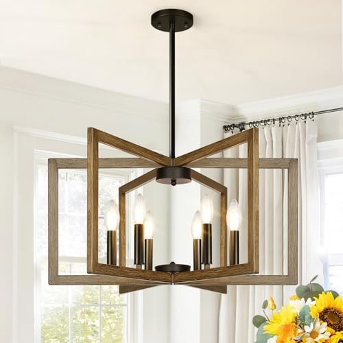 25"-61" Height Adjustable Retro Wood Texture Chandelier for Dining Room, No Assembly Required Dining Room Light Fixture Over Table, Industrial Metal Pendant Lights Fixture for Kitchen Island by BringBrightnesstoYourLife