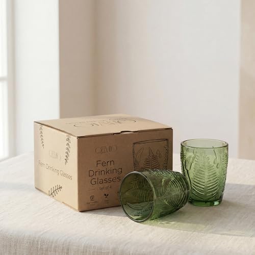 Green Drinking Glasses Set of 4, 10 oz Glass Cups, Vintage Fern Glassware - Image 6