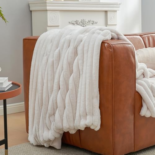 Amélie Home Soft Striped Faux Fur Throw Blanket for Couch, Ivory, 55"x70" - Image 4