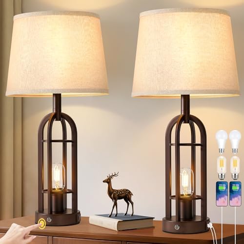 SRJJA 24" Farmhouse Touch Table Lamps for Living Room Set of 2 with USB A+C by SRJJA
