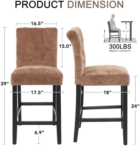 LSSBOUGHT Counter Height Barstools Fabric Upholstered Counter Stool with Rubber Wood Legs Bar Chair for Kitchen Island (Brown, Set of 2) - Image 2