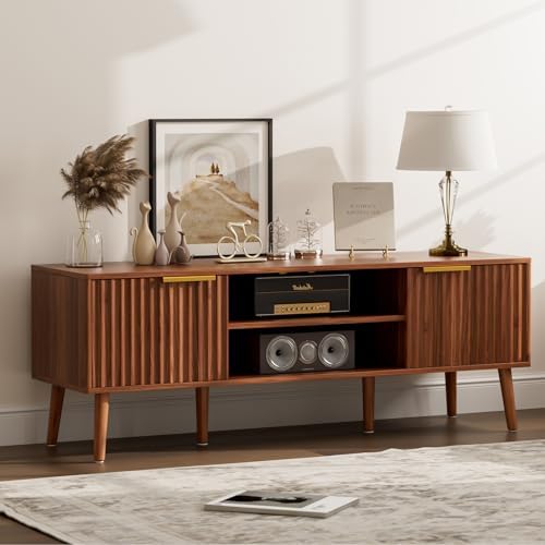 LCRBOL TV Stand with Fluted Doors for TVs up to 65", Mid-Century, Walnut by Unknown