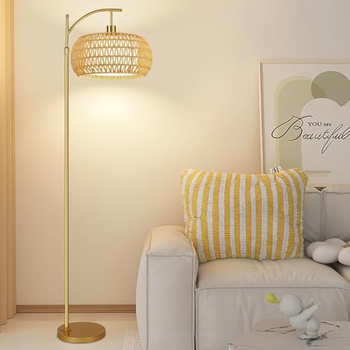 ZECOXOL Gold Floor Lamps for Living Room Rattan Boho Floor Lamp with Remote Control & 3 Color Temperature,Dimmable Arc Floor Lamps Brass Standing Lamp Tall Floor Lamp for Bedroom Living Room Corner - Image 3