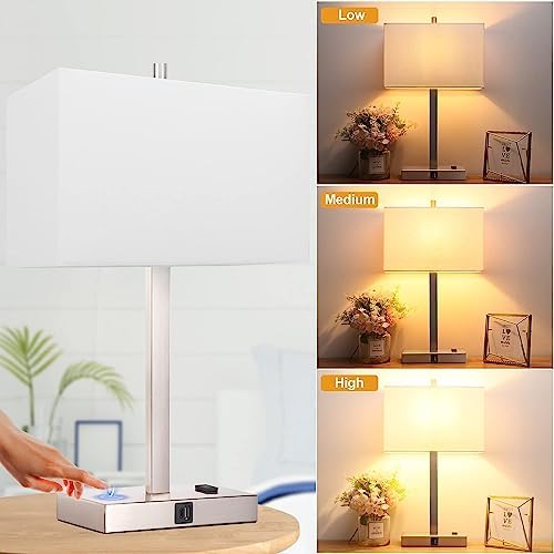 21" Touch Bedside lamps with 2 USB & AC Outlets, 3-Way Dimmable Bedside Table Lamps Set of 2 for Bedroom Living Room Office Reading, White Shade Lamps for Night Stands, 3000K LED Bulbs Included - Image 6