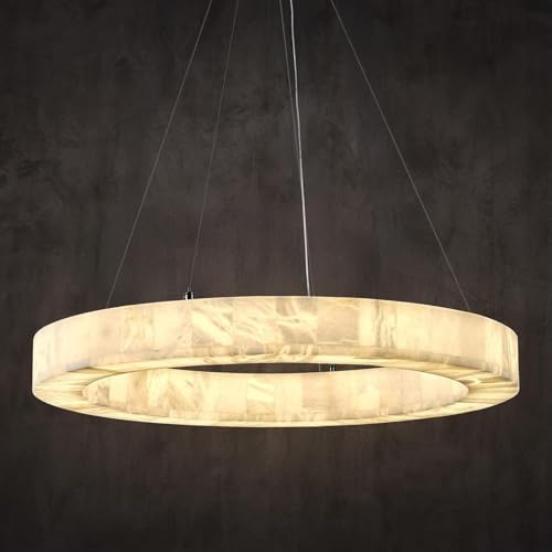 Alabaster Chandelier Spanish Natural Marble Round D30in Chandeliers, Modern Living Room Chandelier, Stone Pendant Light Fixture, Dimmable Chandeliers for Dining, Entryway, Foyer, Hallway by Sucelating
