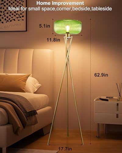 Lightdot Glass Tripod Floor Lamp for Living Room, Modern Gold Standing Lamp with Green Ribbed Glass Lampshade, Arc Tall Lamp for Bedroom Office Reading Room/Sofa Beside/Corner Decor (Bulb Included) - Image 6