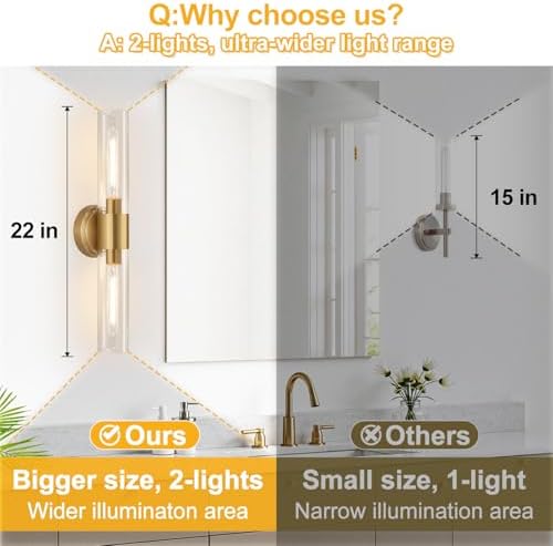 Wall Sconces Set of Two, Brushed Gold Bathroom Sconces Wall Lighting with Clear Glass, Hardwired Modern Sconces Wall Decor Set of 2 for Bathroom Mirror Bedroom Living Room Hallway - Image 5