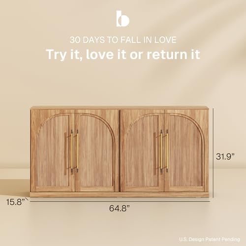 BELLEZE Set of 2 65" Sideboard Cabinet with Double-Arc Wood Doors, Large Buffet Cabinet with Storage and Adjustable Shelves, Classic Modern Console Sideboard for Living Room Kitchen Entryway (Camel) - Image 2