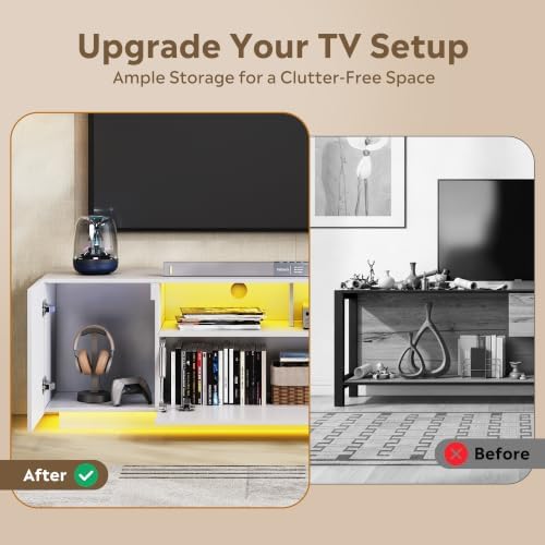 WLIVE LED TV Stand for 55/60/65 Inch TVs, Modern Entertainment Center with Storage Cabinets and Drawer, Gaming Media TV Console with RGB Lights for Living Room，Bedroom, White - Image 6