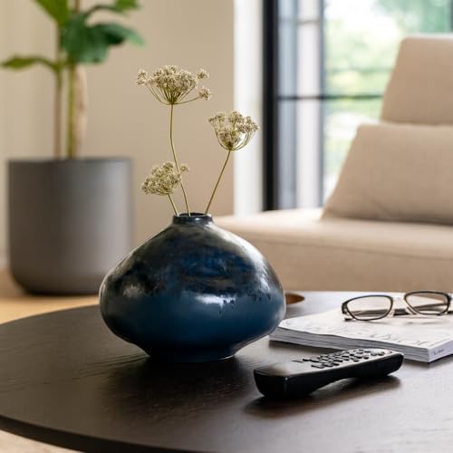 Polished Ceramic Vase for Bathroom Decor - Circle Earthenware Centerpiece for Home, Bedroom, Kitchen, and Living Room - Contemporary Flower Pots for Office, Entryway and Hallway - 9", Blue by NESSANDJORD