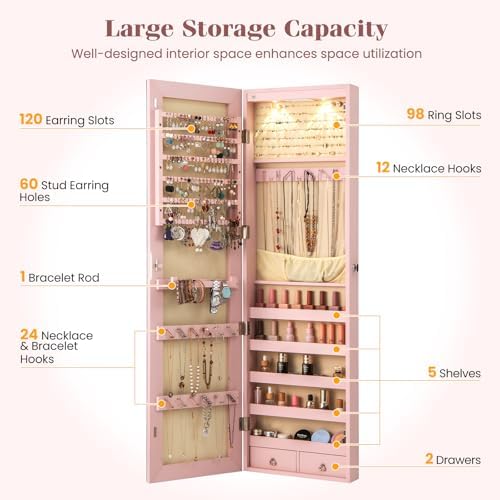 NAFORT 2 LEDs Jewelry Armoire with Full Length Mirror, Lockable Hanging Jewelry Organizer Cabinet with Categorical Storage, Wall or Door Mounted Jewelry Box with 2 Drawers for Cosmetic, Light Pink - Image 6