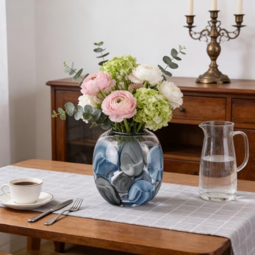 Hand Blown Blue Glass Vase, 8.5 in Round Wide Mouth Blue Gray Vase, Decorative Glass Vase for Flowers, Coastal Home Decor Centerpiece for Table, Shelf, Entryway, in The Bathroom, or Living Room - Image 3
