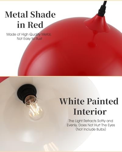 Industrial Pendant Light Fixtures,11.8" Red Dome Pendant Light Over Kitchen Island 3 Pack, Adjustable Vintage Ceiling Hanging Lamp for Bedroom Restaurant Bar Cafe Dining Room Sink - Image 3