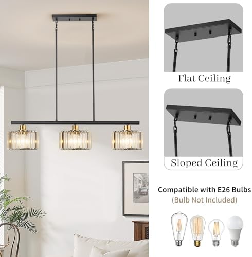 TALOYA Pendant Lights Kitchen Island Black and Gold, 3-Light Crystal Pendant Light Modern, Height Adjustable Chandelier Hanging Island Light Fixtures for Kitchen Dinning Room(Bulb Not Included) - Image 3