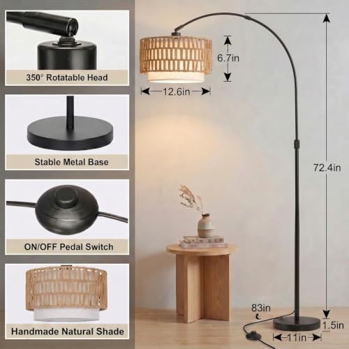 Arc Floor Lamp for Living Room with 12W Bulb,61.5"-72.4" Height Adjustable Rattan Floor Lamps with 3 Color Temps, Farmhouse Arched Standing Lamp,Boho Floor Lamp, Arched Floor Lamps for Bedroom, Office - Image 6