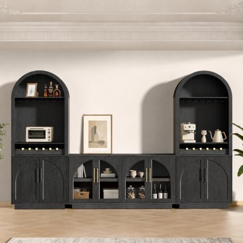 Fatmok Modular Entertainment Center & Coffee Bar with LED Lighting,Charging Station,Arched Glass Sideboard Buffet Cabinet,Modern Liquor&Wine Display Cabinet for Living Room,Black Grey(FBF,4-Piece) by Fatmok
