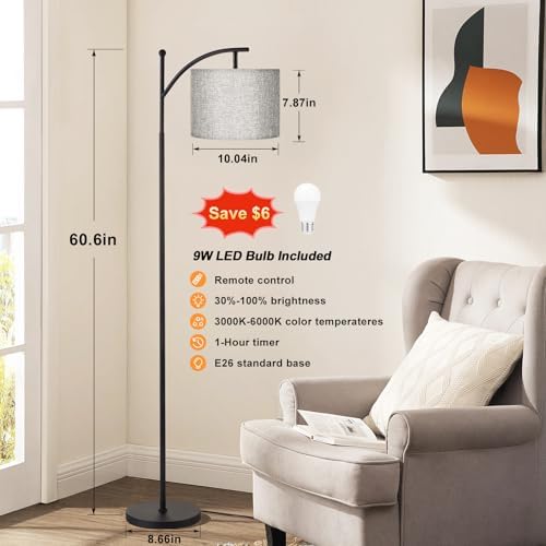 Ambimall 60" Floor Lamp with Remote and Stepless Dimmable Bulb, Grey Shade - Image 2