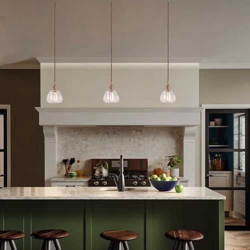 Shenmoyl Pendant Light with Clear Tulip Glass Lmapshade, Brass Vintage Pendant Light Adjustable Hanging Light for Kitchen Island Dining Room Hallway - Image 3